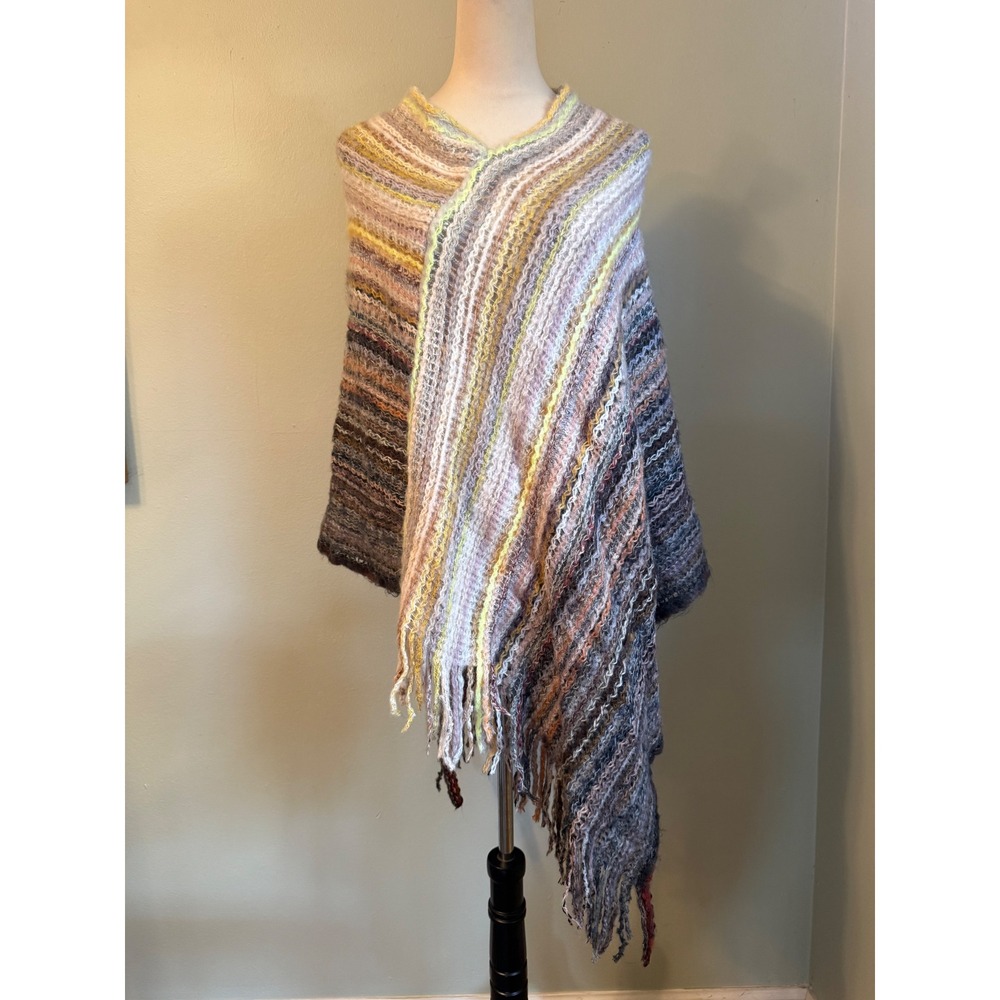 Multi Color Striped Knit Poncho Fringe One Size boho cozy fringe colorful retro